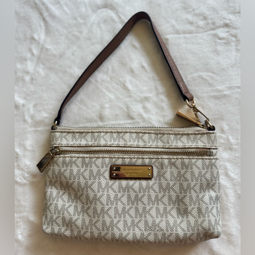 Michael Kors White and Brown Clutch with Signature Style